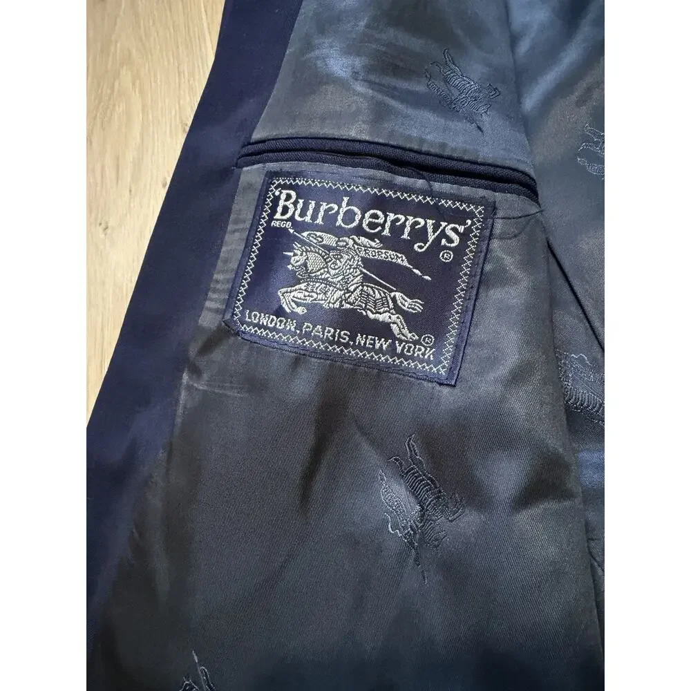 Vintage 90s Burberry Suit Jacket 46L Made IN USA Navy Gold Button Pure Wool VTG